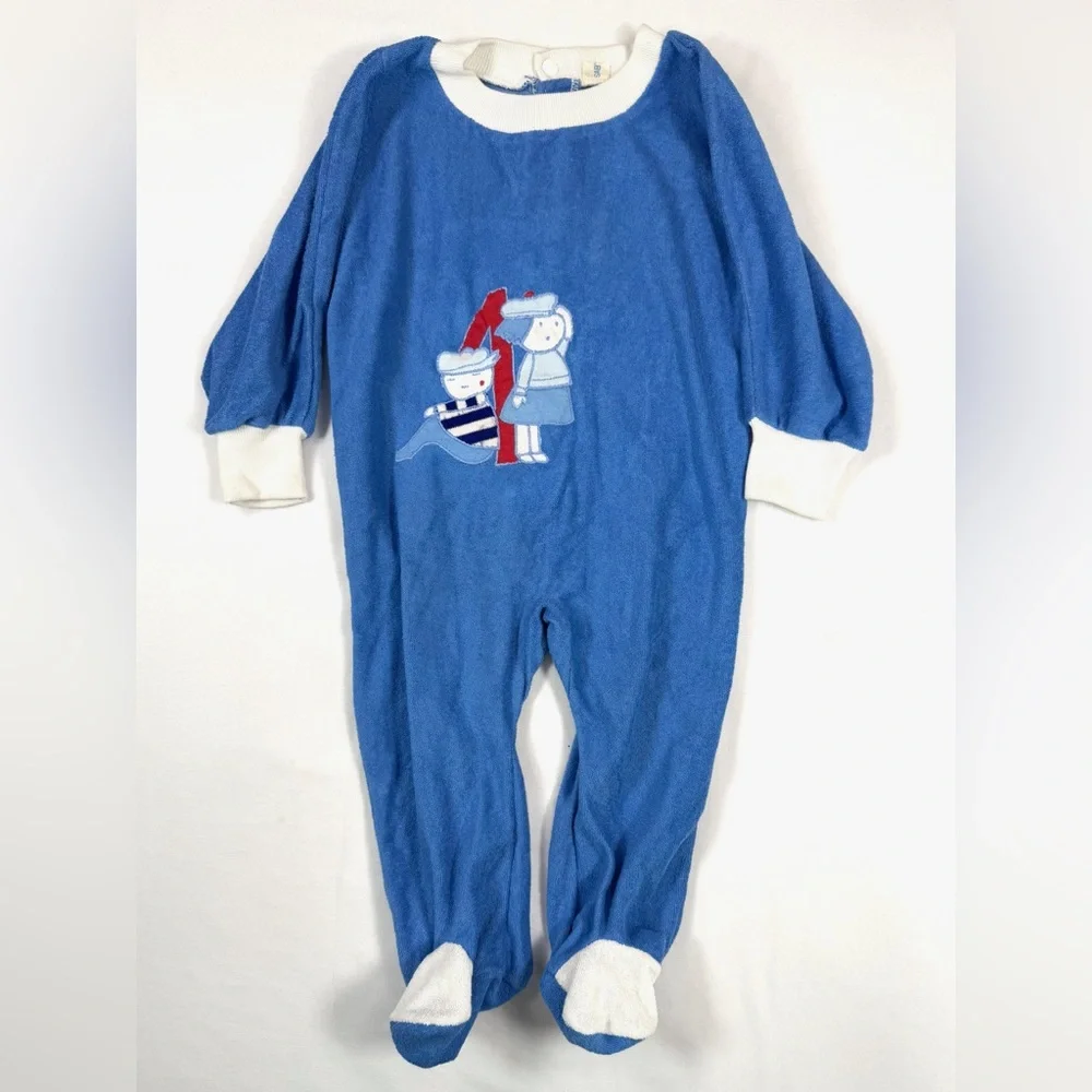 SAB' VINTAGE 80s Terrycloth‎ Nautical Applique Sleeper Footie Pajamas Size 6-12M